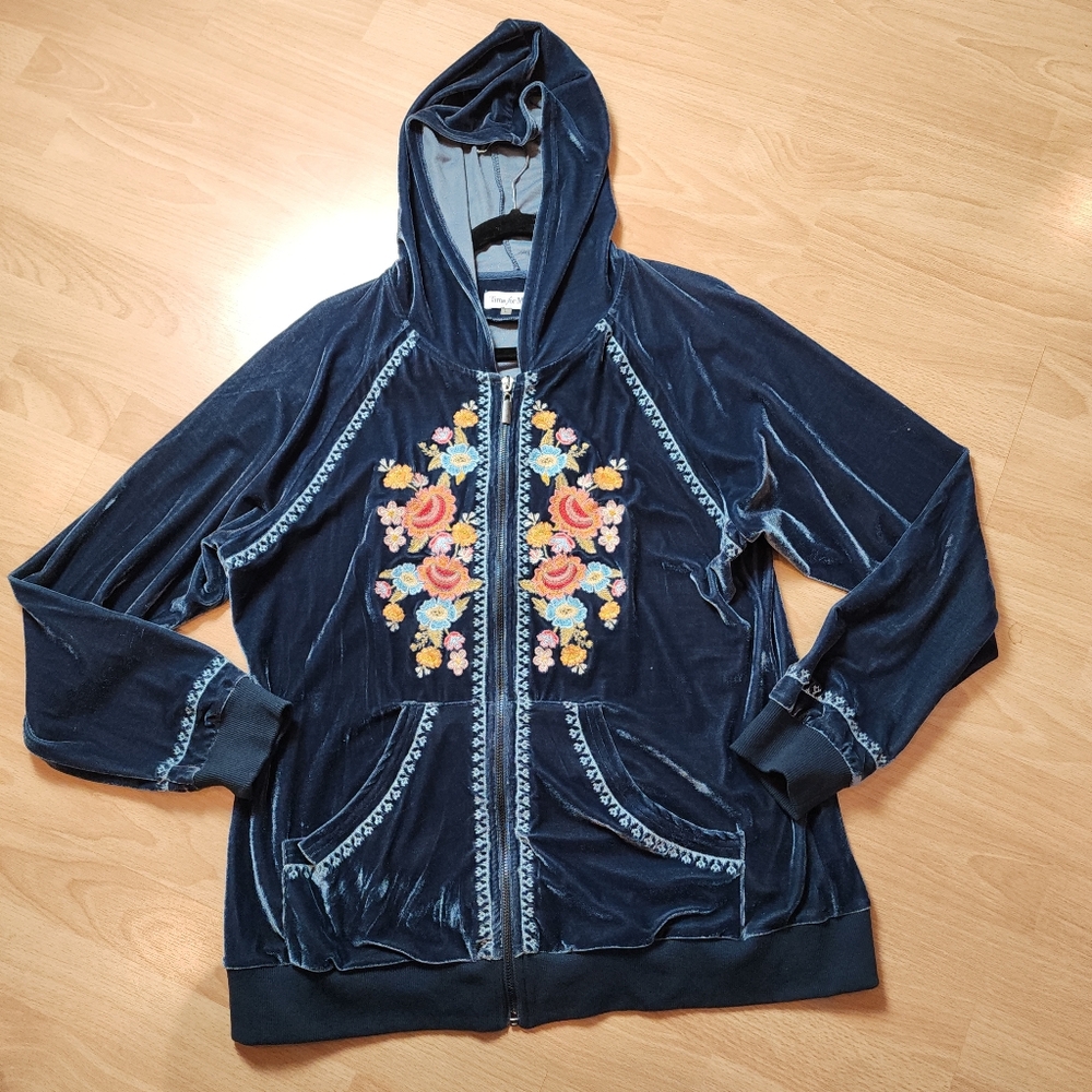 Time For Me Blue Velour Velvet Floral‎ Embroidered Hooded Zip Jacket Size Large